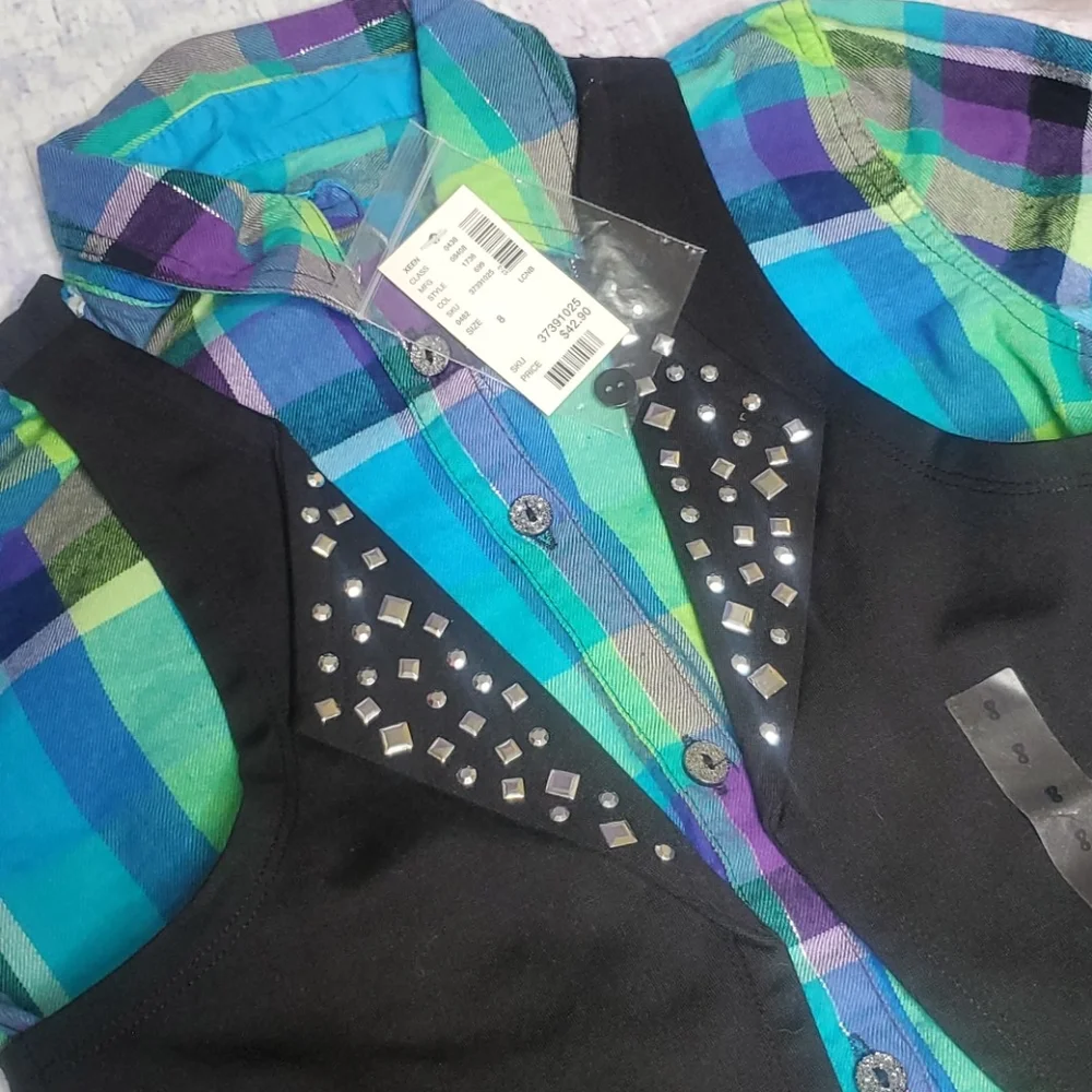 NWT Justice Button Up Plaid Top with Attached Vest